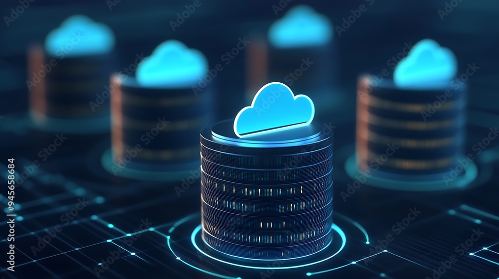 Poster digital illustration of cloud computing and data storage technology with data servers and cloud icon