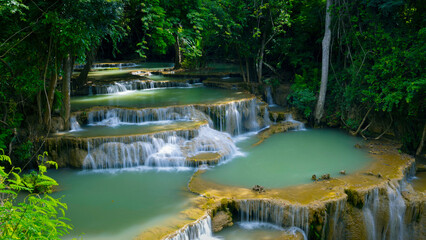 Deep forest waterfall in Thailand. Huay Mae Khamin Waterfall in Sri Nakarin Dam Nation Park.