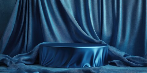 Luxury cosmetic advertisement featuring realistic blue silk fabric with a box background Ideal for product presentations including a cloth podium and pedestal 3D rendering