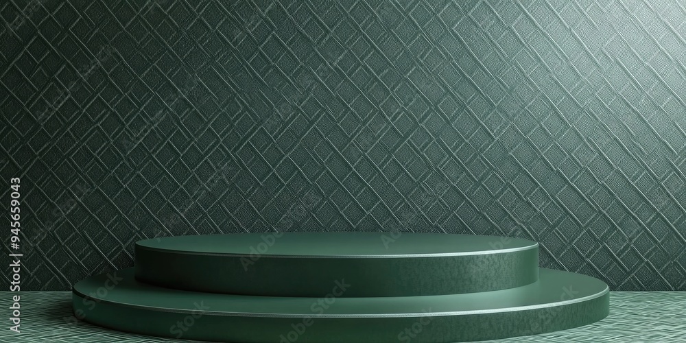 Poster Green glossy podium on a patterned backdrop Empty round stage mockup for showcasing products Abstract geometric background Display stage with ample copy space 3D rendering