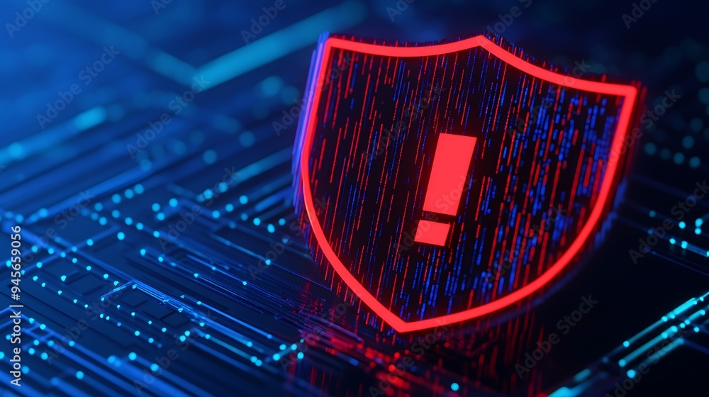 Poster digital red shield with exclamation mark representing cybersecurity alert or warning on a blue circu