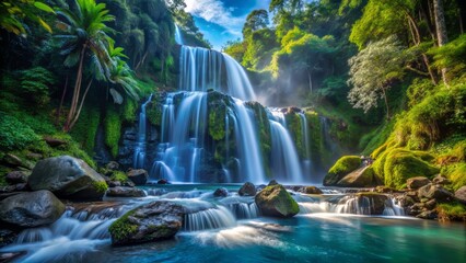 Obraz premium A dramatic composition of the Kapas Biru Falls, with the rocky cliff and lush greenery framing the flowing water, a realistic photo image.