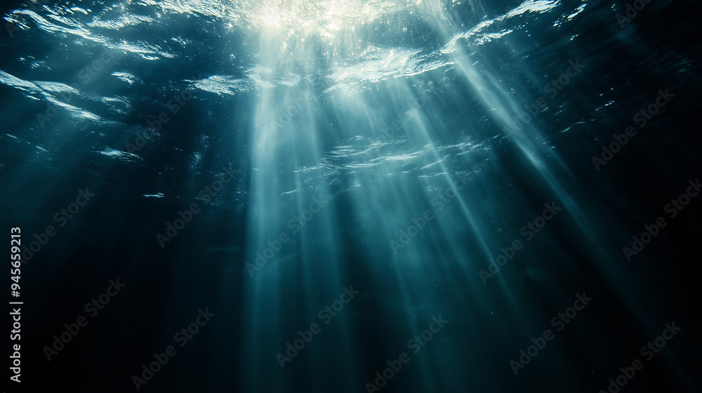 Poster sun rays through the sea, rays of light, underwater background