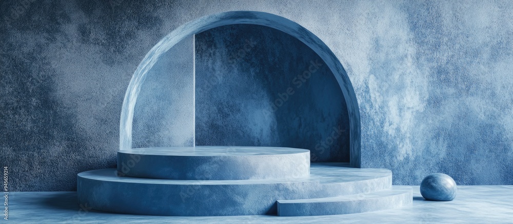Poster abstract blue composition featuring a podium 3d rendering 3d illustration