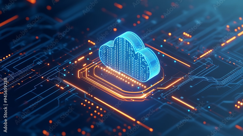 Poster digital representation of cloud computing technology, highlighting data storage and virtual infrastr