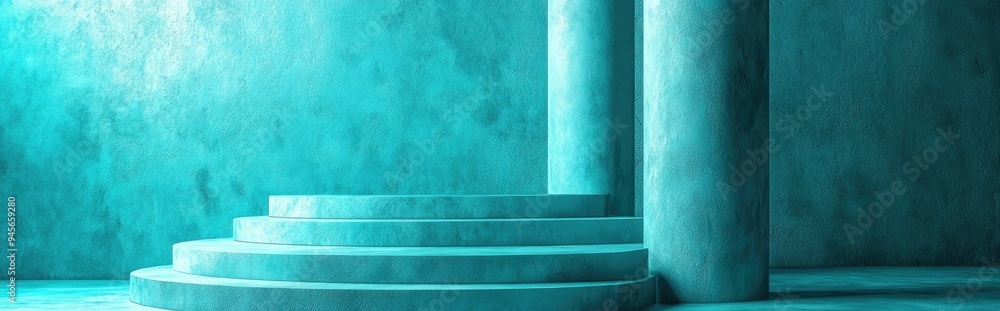 Poster Turquoise abstract background featuring vintage column platforms and a wall Ideal backdrop design for product promotion 3D rendering