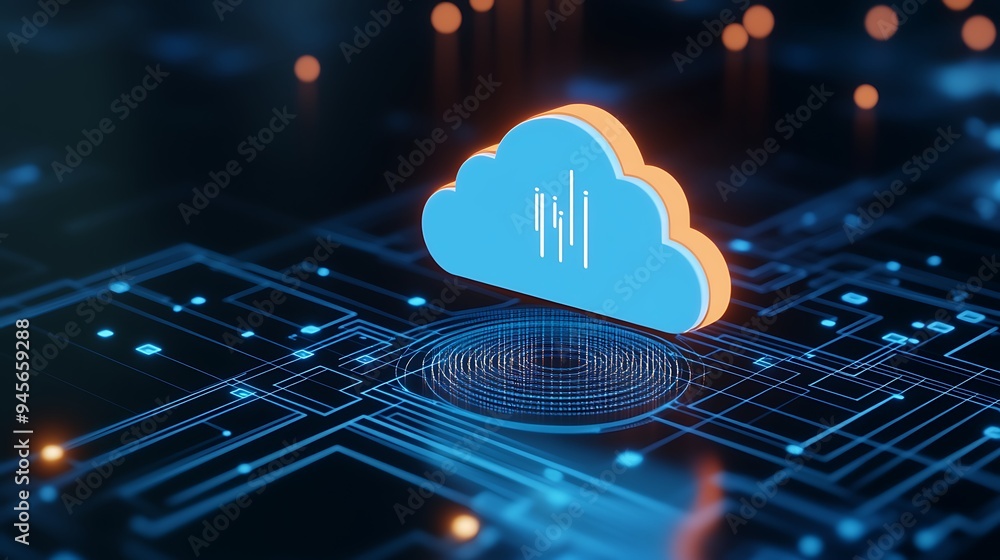 Poster digital representation of cloud computing technology with a glowing blue cloud symbol in a futuristi