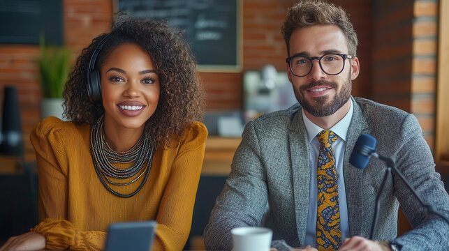 Smiling man and woman podcast hosts in a studio setting.