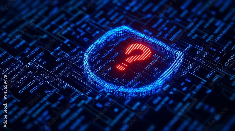 Poster digital representation of cybersecurity uncertainty, featuring a shield and a glowing red question m