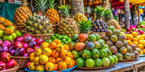 Fresh coconuts and tropical fruits on display at a local market in Hua Hin, with a colorful and lively atmosphere, a realistic photo image.