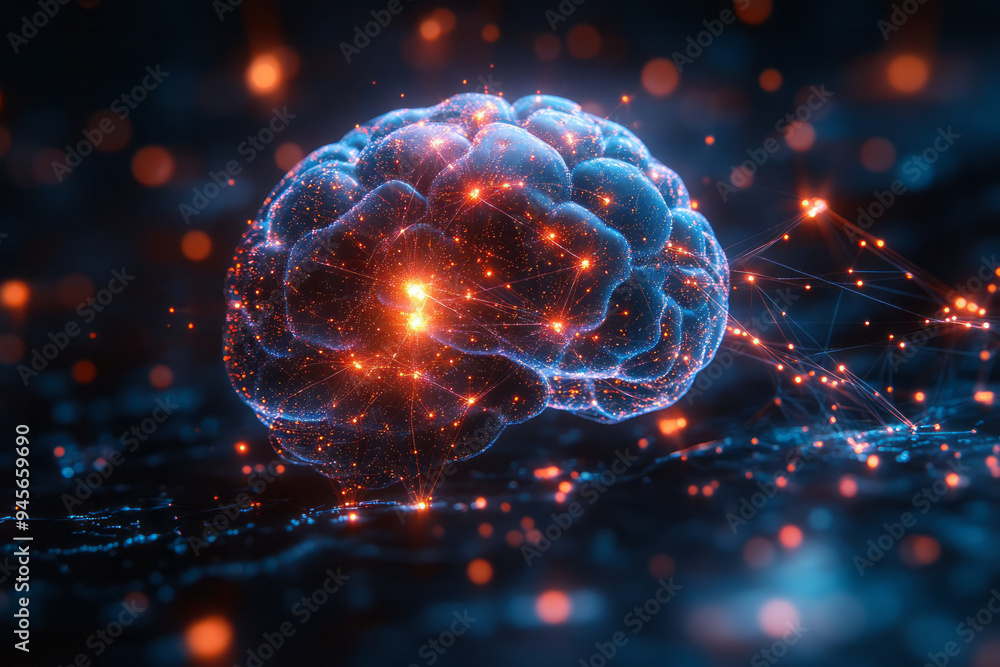 Poster Abstract artificial intelligence with digital brains and interconnected lines,