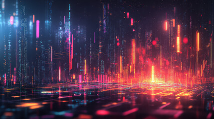 Obraz premium Futuristic digital cityscape with vibrant lights and glowing pathways, representing advanced technology and cyber networks.