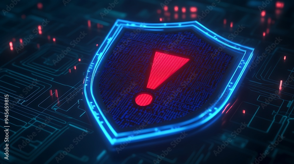 Poster digital security alert concept with glowing shield and exclamation mark, illustrating cyber threat a