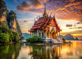 Naklejka premium A peaceful Buddhist temple on the coast of Krabi, with a serene atmosphere and stunning architecture, a realistic photo image.