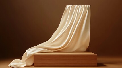 3D render of a luxurious display podium with a wooden frame and a flowing silk curtain, set against a rich brown background. Ideal for beauty or cosmetic product presentations.