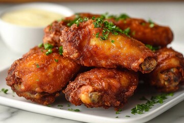 wings with vegetables. fried chicken wings