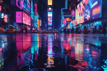 A vibrant city street glowing with neon lights reflecting on a rain-soaked road. The crowded street is a blend of colors and hustle, capturing the essence of urban life.