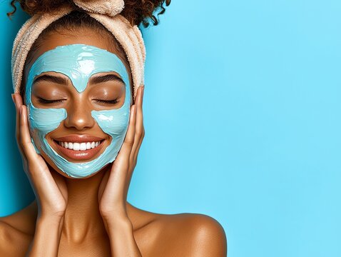 Joyful woman enjoying a facial mask treatment, showcasing beauty and skincare in a vibrant and refreshing atmosphere.