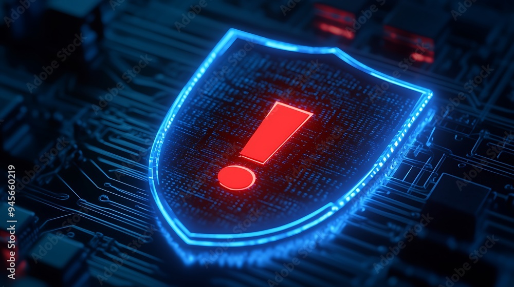 Poster digital security alert symbol on a glowing blue shield with a circuit board background, representing
