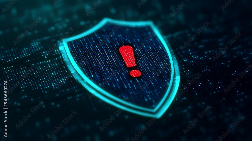 Poster digital security alert warning symbol with exclamation mark on a shield, representing cybersecurity 