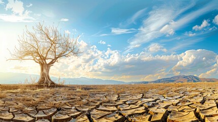 A lone tree in a barren desert under a clear blue sky, with warm hues blending in the scene.. hunger issue