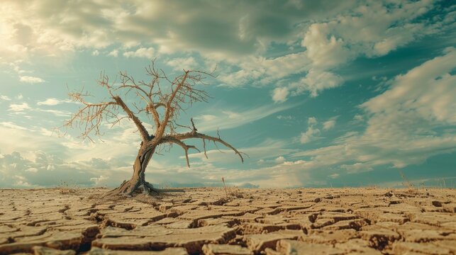 A lone tree stands in a dry desert, its bare branches evoking isolation. Cracked earth surrounds it under a vast blue sky, enhancing the desolate feel.. hunger issue