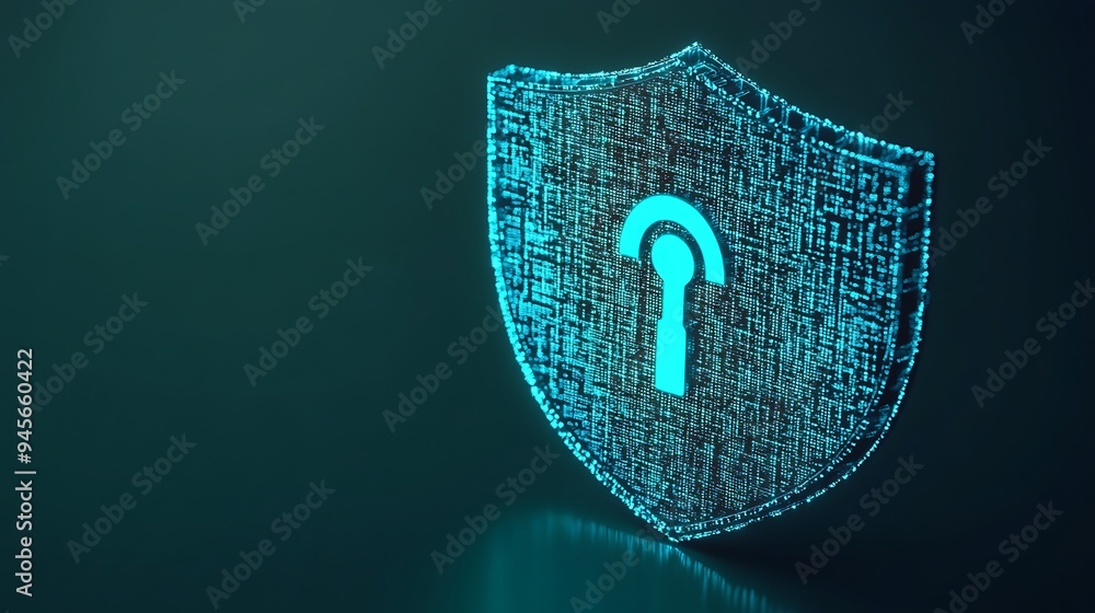 Poster digital security concept image featuring a glowing shield with a keyhole, representing cybersecurity