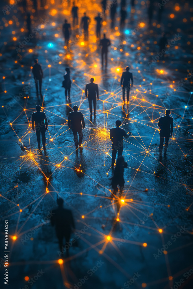 Poster Abstract teamwork with interconnected figures and geometric patterns,