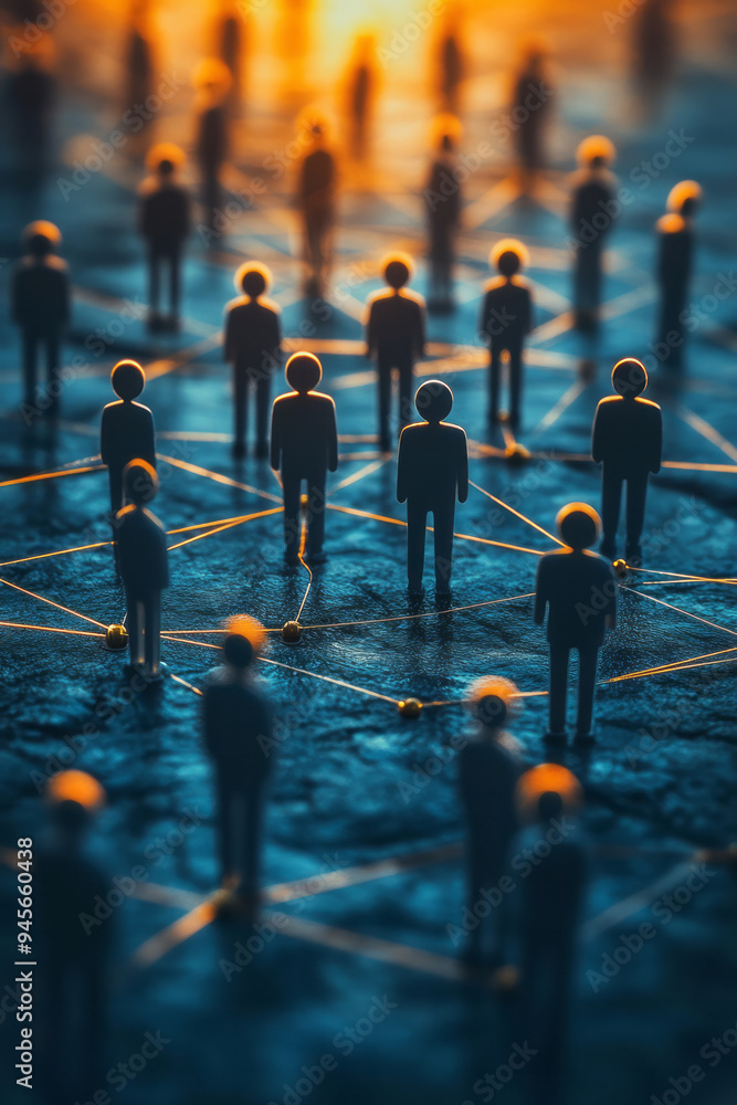 Poster Abstract teamwork with interconnected figures and geometric patterns,