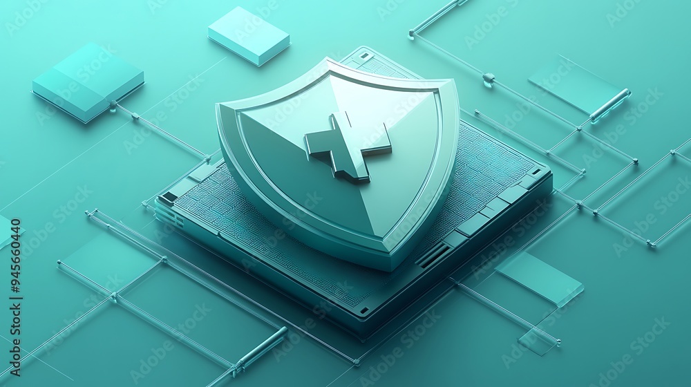 Poster digital security concept image featuring a shield icon on a microchip, representing cybersecurity an
