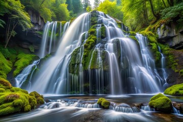 Obraz premium A close-up shot of the roaring Panther Falls, with water droplets suspended in mid-air, showcasing the power and energy of the falls , a realistic photo image.