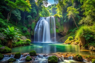 Naklejka premium A serene and peaceful scene of the falls, surrounded by vibrant greenery, a realistic photo image.