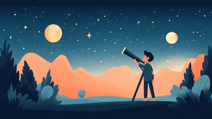 Obraz premium Connecting with the Cosmos: Gen Z Man Stargazing Through a Telescope on a Clear Night