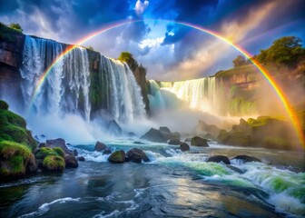 A rainbow forming in the mist of the falls, vibrant colors shining through, a realistic photo image.