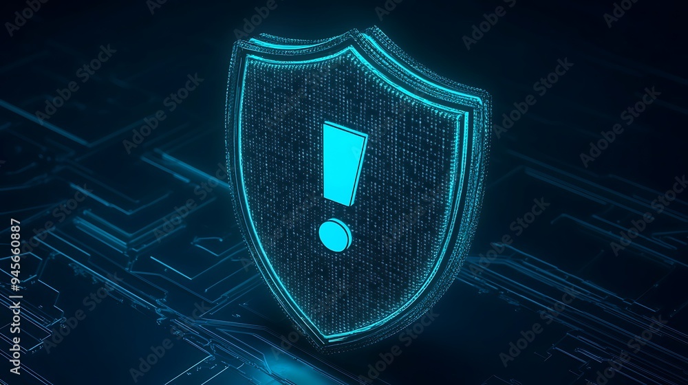 Poster digital security concept with a glowing shield and exclamation mark icon symbolizing alert, protecti
