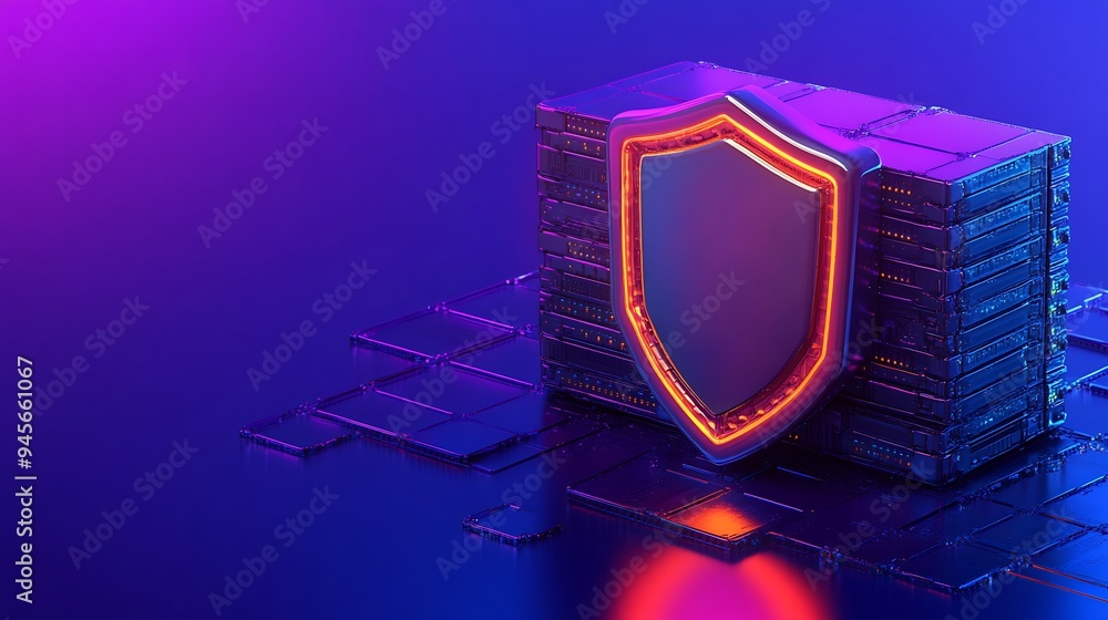 Poster digital security concept with a glowing shield and server stacks, symbolizing data protection, cyber