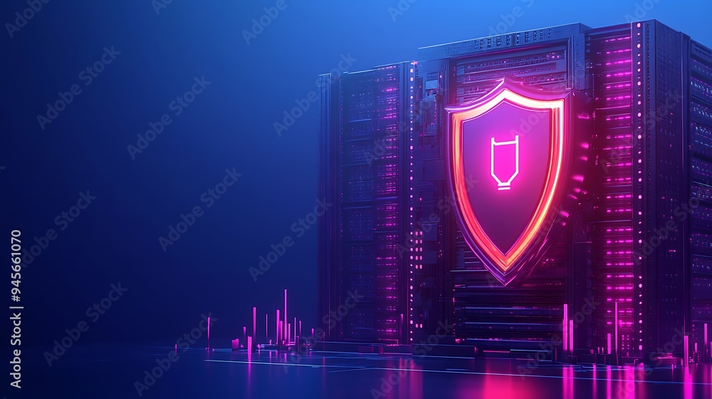 Poster digital security concept with a glowing shield, representing data protection for servers and cyberse
