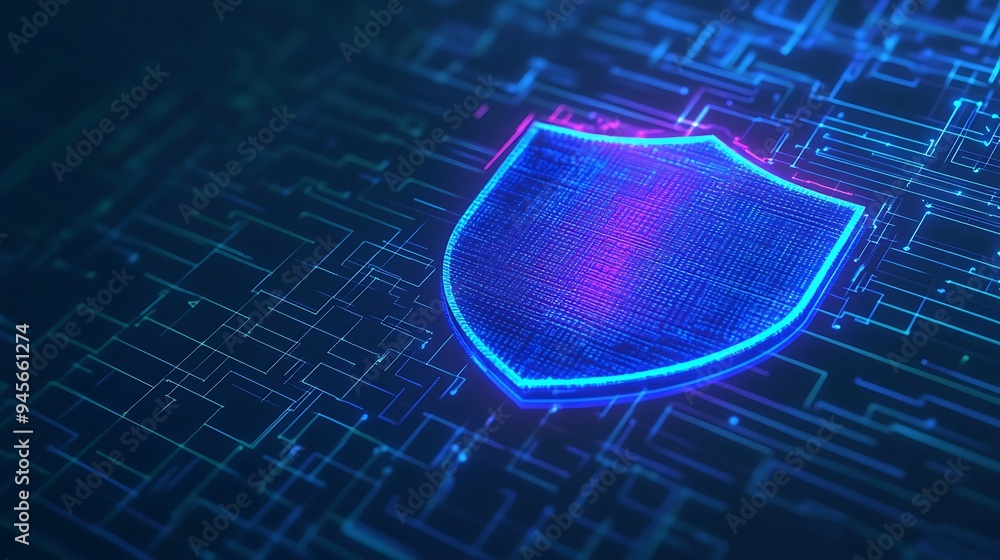 Poster digital security concept with a glowing shield symbol over a circuit background, representing cybers