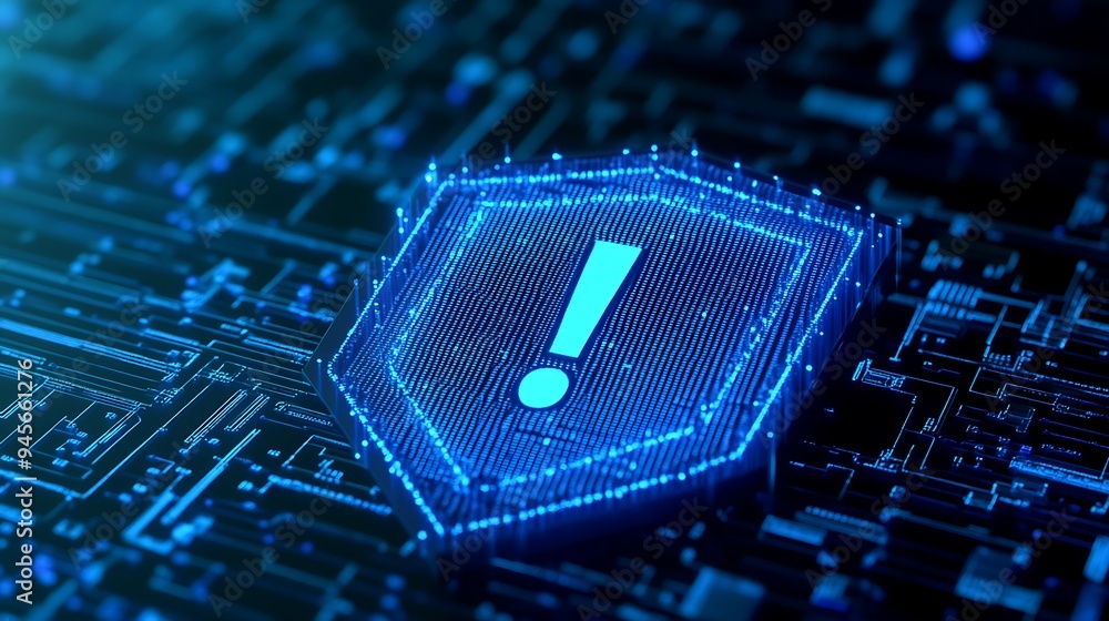 Poster digital security concept with a glowing shield symbol featuring an exclamation mark representing an 
