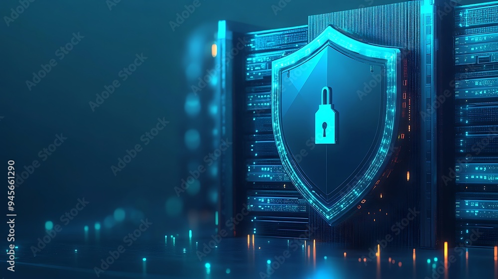 Poster digital security concept with a locked shield icon on a server, representing data protection and cyb