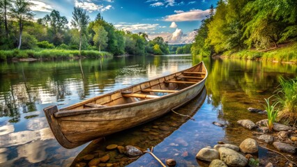 Obraz premium A rustic wooden canoe, weathered to perfection, resting on the riverbank, a realistic photo image.