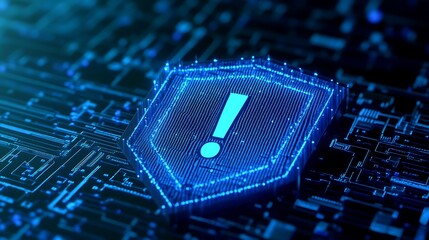 Digital security concept with a glowing shield symbol featuring an exclamation mark representing an alert or warning in a cyber environment.