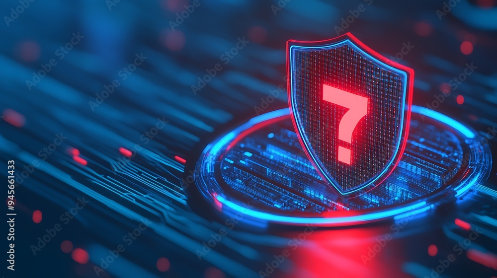 Poster digital security concept with a shield and question mark symbol on a blue background representing cy