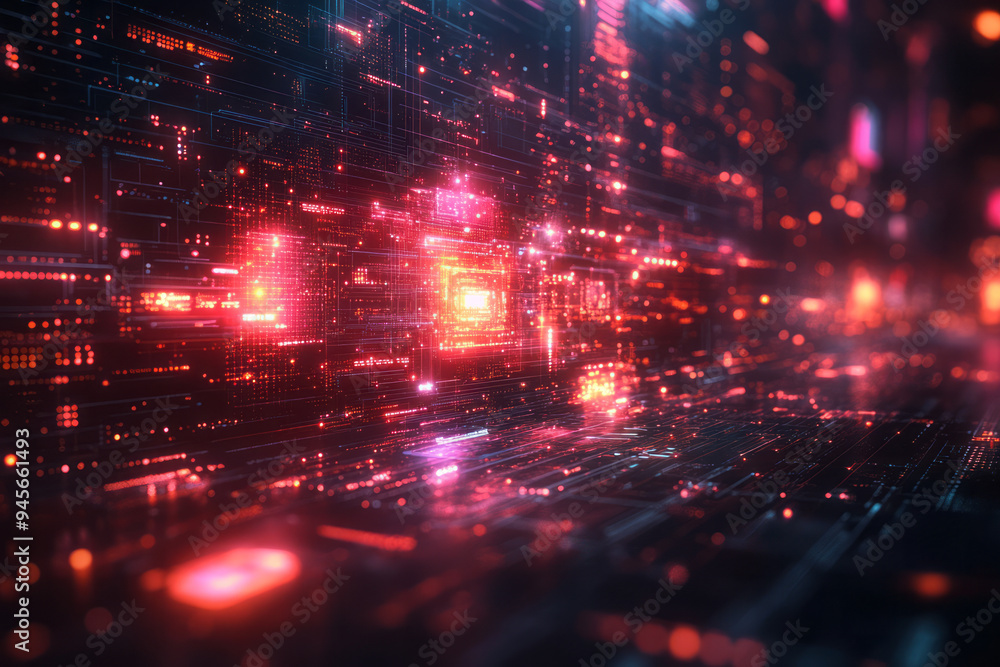 Poster abstract digital transformation with interconnected devices and geometric shapes,