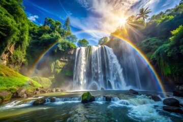 A serene and peaceful scene of the Kapas Biru Falls, with the afternoon sun shining through the Spray, creating a beautiful rainbow effect, a realistic photo image.