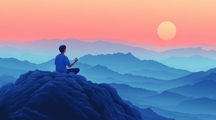 Fototapeta premium Zen Gen Z: Young Man Finding Inner Peace on Mountain Summit, Embracing Digital Detox Through Mindful Breathing Practice