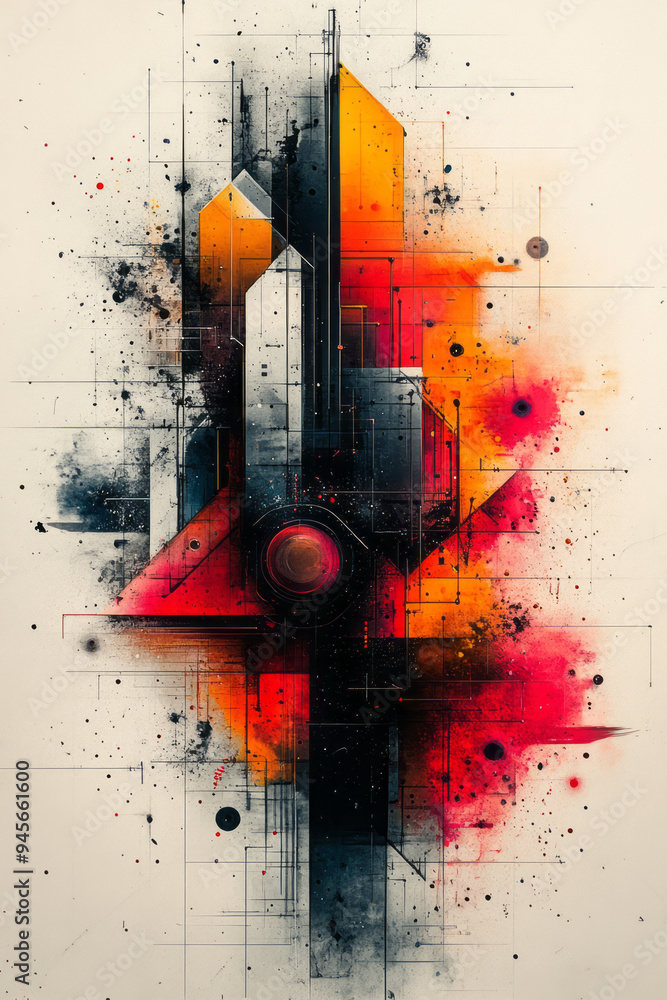 Poster abstract creative process with bright splashes of color and geometric tools,