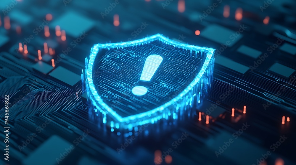 Aufkleber digital security concept with cyber warning symbol on blue microchip background, representing data p
