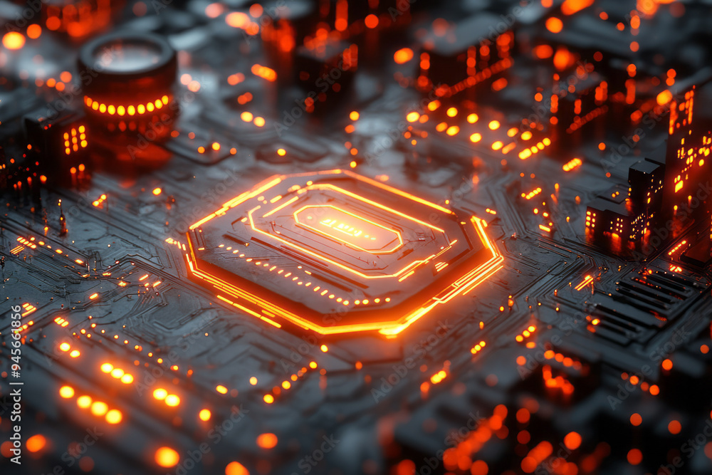 Poster Abstract technological advancements with sleek devices and futuristic patterns,