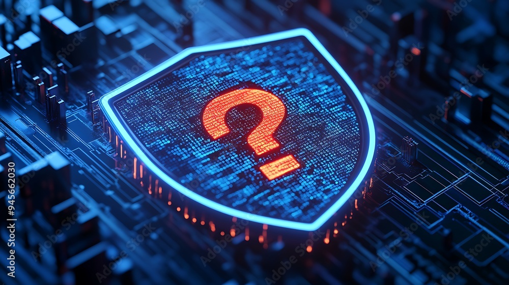 Poster digital security concept with illuminated question mark on shield symbol on circuit board background